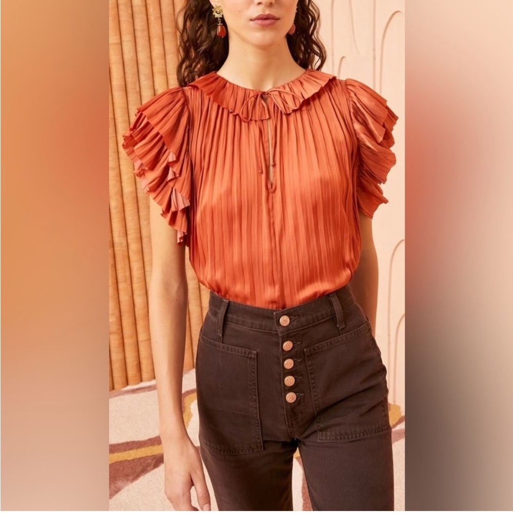 Ulla Johnson Women's Pleated Ruffle Sleeve Top - Orange
